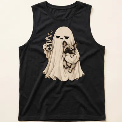 Cute ghost holding a French Bulldog with 'MEH' text in cream and black — printed on a tank top