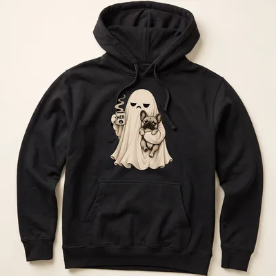 Cute ghost holding a French Bulldog with 'MEH' text in cream and black — printed on a unisex hoodie