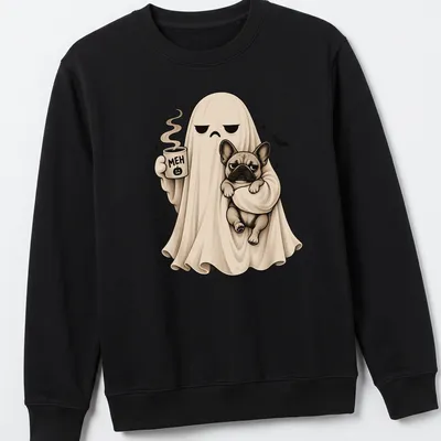 Cute ghost holding a French Bulldog with 'MEH' text in cream and black — printed on a unisex sweatshirt