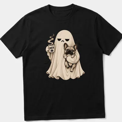 Cute ghost holding a French Bulldog with 'MEH' text in cream and black