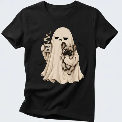 Cute ghost holding a French Bulldog with 'MEH' text in cream and black — printed on a women's shirt