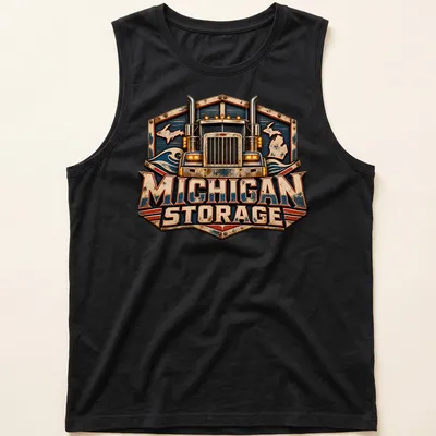 Vintage trucking company design featuring a distressed truck and colors blue, red, and gold. — printed on a tank top