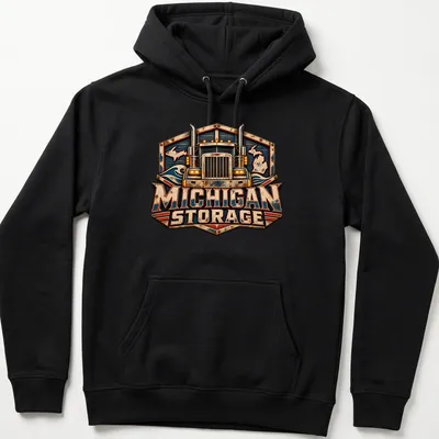 Vintage trucking company design featuring a distressed truck and colors blue, red, and gold. — printed on a unisex hoodie