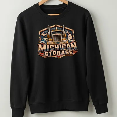 Vintage trucking company design featuring a distressed truck and colors blue, red, and gold. — printed on a unisex sweatshirt