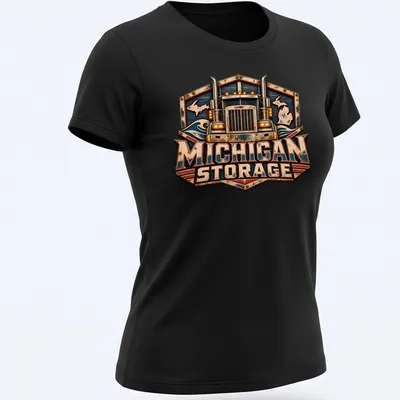 Vintage trucking company design featuring a distressed truck and colors blue, red, and gold. — printed on a women's shirt