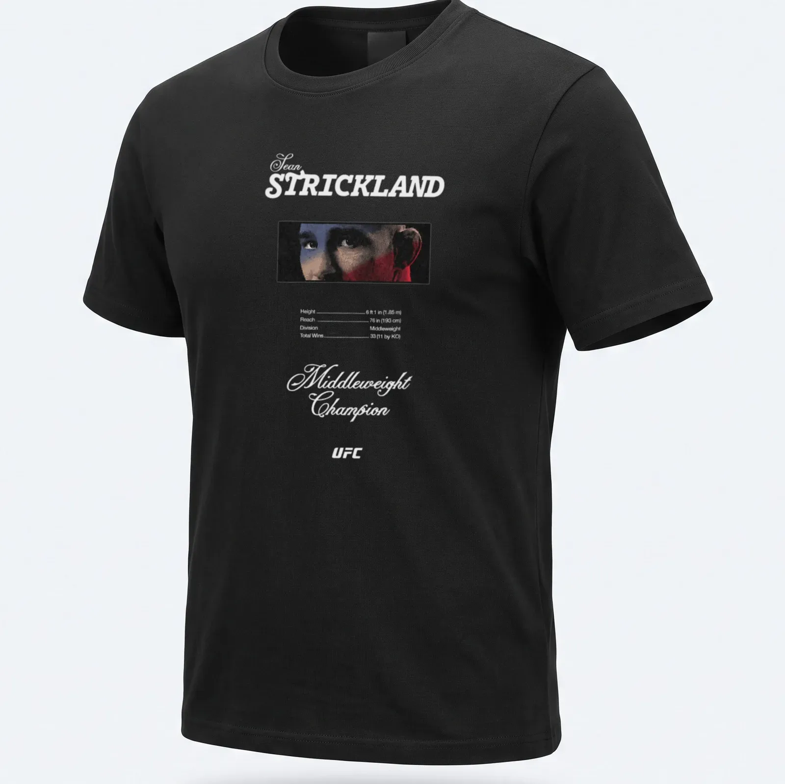 Dramatic portrait of Sean Strickland with the text Middleweight Champion in bold colors. — printed on a unisex t-shirt