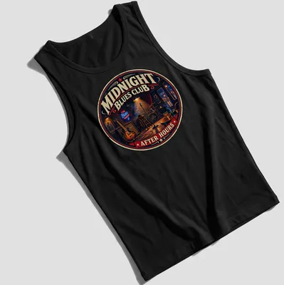 Vintage retro design featuring a blues club scene with guitar and microphone — printed on a tank top