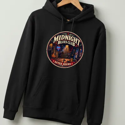 Vintage retro design featuring a blues club scene with guitar and microphone — printed on a unisex hoodie