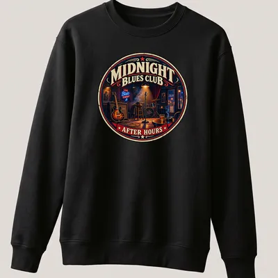 Vintage retro design featuring a blues club scene with guitar and microphone — printed on a unisex sweatshirt