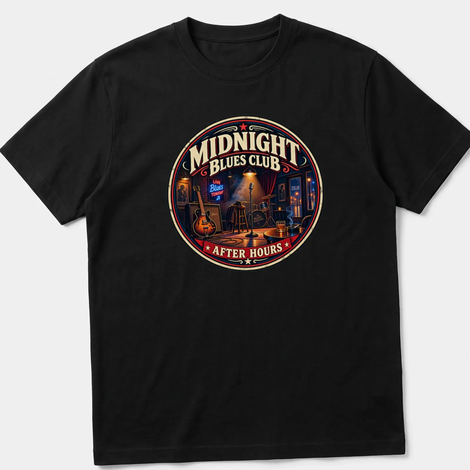 Vintage retro design featuring a blues club scene with guitar and microphone — printed on a unisex t-shirt