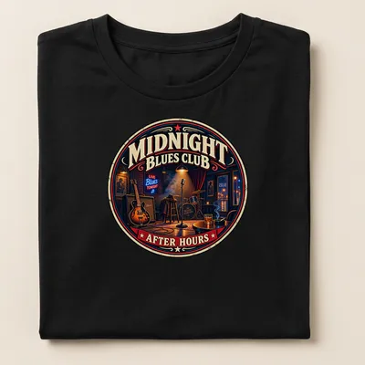 Vintage retro design featuring a blues club scene with guitar and microphone — printed on a women's shirt