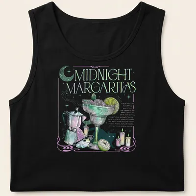 Vintage illustration of a frog in a wizard hat surrounded by candles with Midnight Margaritas text — printed on a tank top