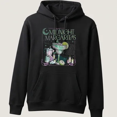 Vintage illustration of a frog in a wizard hat surrounded by candles with Midnight Margaritas text — printed on a unisex hoodie