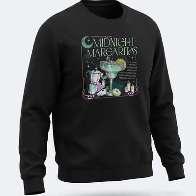 Vintage illustration of a frog in a wizard hat surrounded by candles with Midnight Margaritas text — printed on a unisex sweatshirt