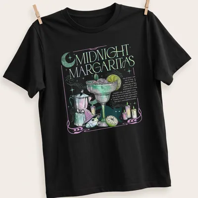 Vintage illustration of a frog in a wizard hat surrounded by candles with Midnight Margaritas text