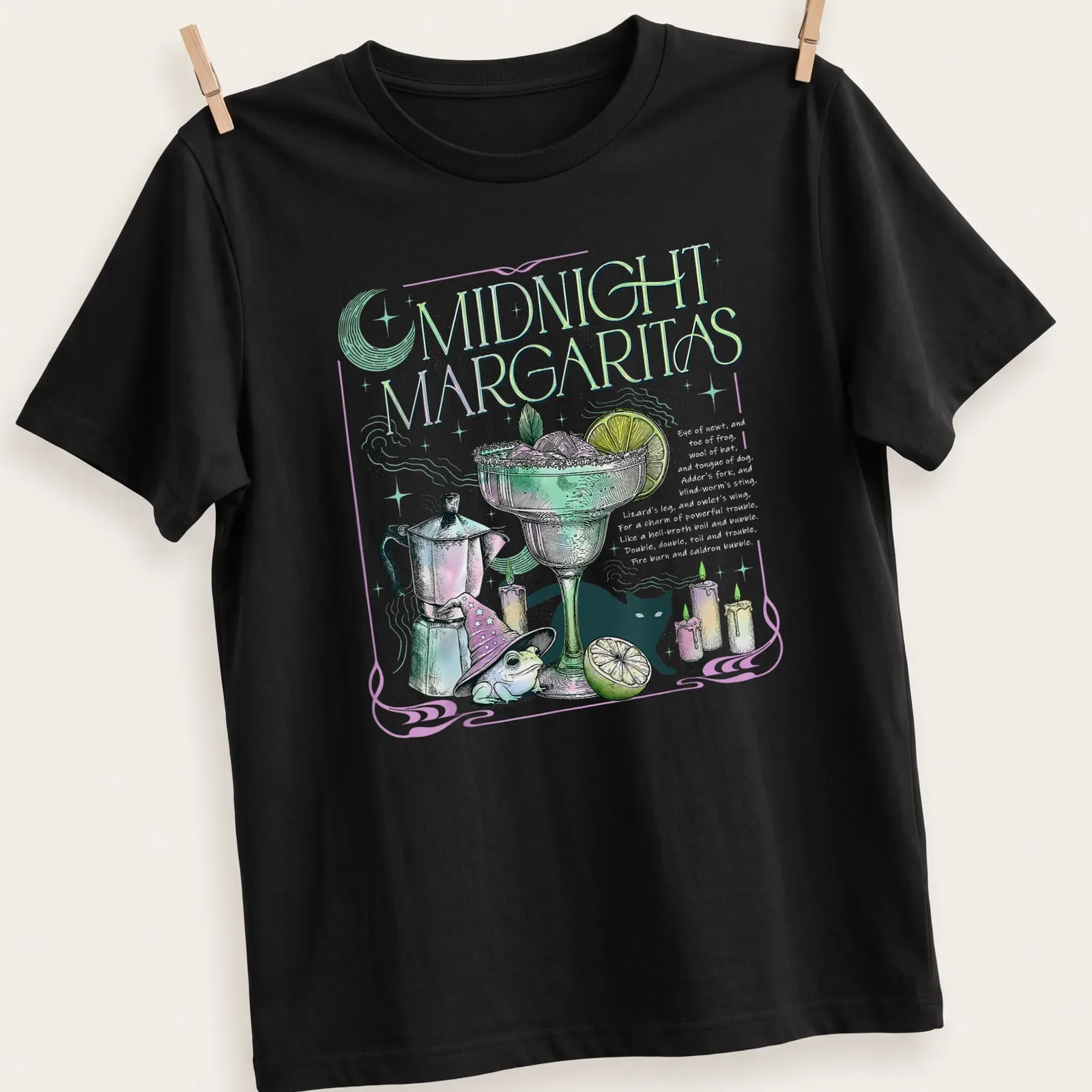 Vintage illustration of a frog in a wizard hat surrounded by candles with Midnight Margaritas text — printed on a unisex t-shirt