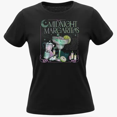 Vintage illustration of a frog in a wizard hat surrounded by candles with Midnight Margaritas text — printed on a women's shirt