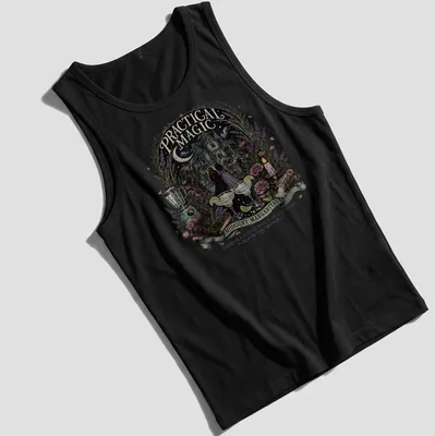 Whimsical Halloween t-shirt featuring witches and cocktails with vibrant colors — printed on a tank top