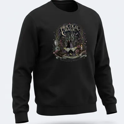 Whimsical Halloween t-shirt featuring witches and cocktails with vibrant colors — printed on a unisex sweatshirt