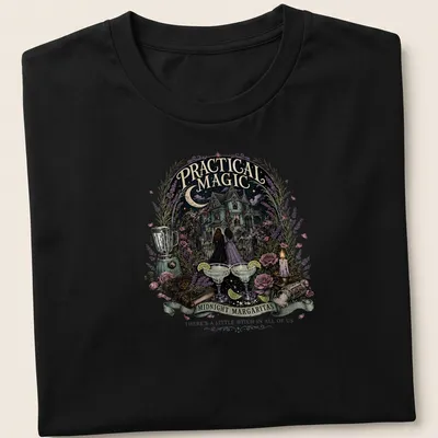Whimsical Halloween t-shirt featuring witches and cocktails with vibrant colors — printed on a unisex t-shirt