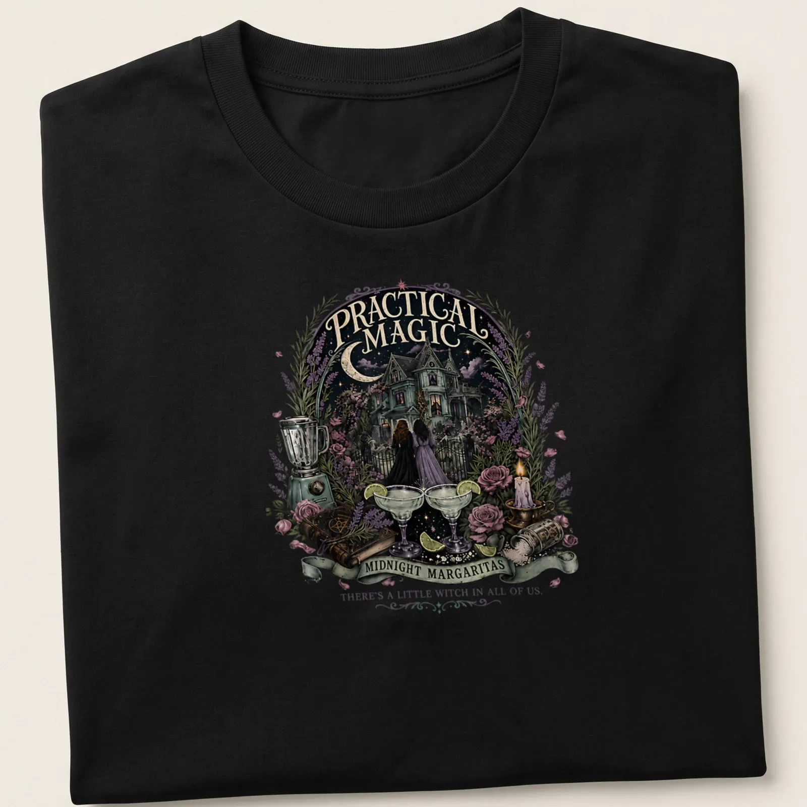 Whimsical Halloween t-shirt featuring witches and cocktails with vibrant colors — printed on a unisex t-shirt