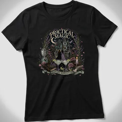 Whimsical Halloween t-shirt featuring witches and cocktails with vibrant colors — printed on a women's shirt