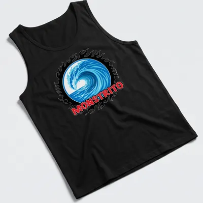 Vibrant graphic t-shirt featuring the word MONSTRITO with a wave design — printed on a tank top
