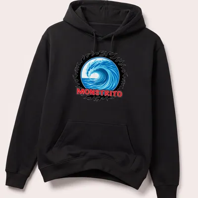 Vibrant graphic t-shirt featuring the word MONSTRITO with a wave design — printed on a unisex hoodie