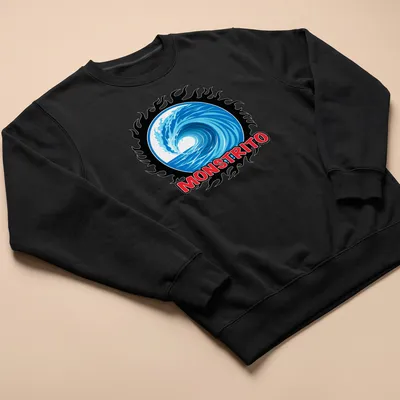 Vibrant graphic t-shirt featuring the word MONSTRITO with a wave design — printed on a unisex sweatshirt