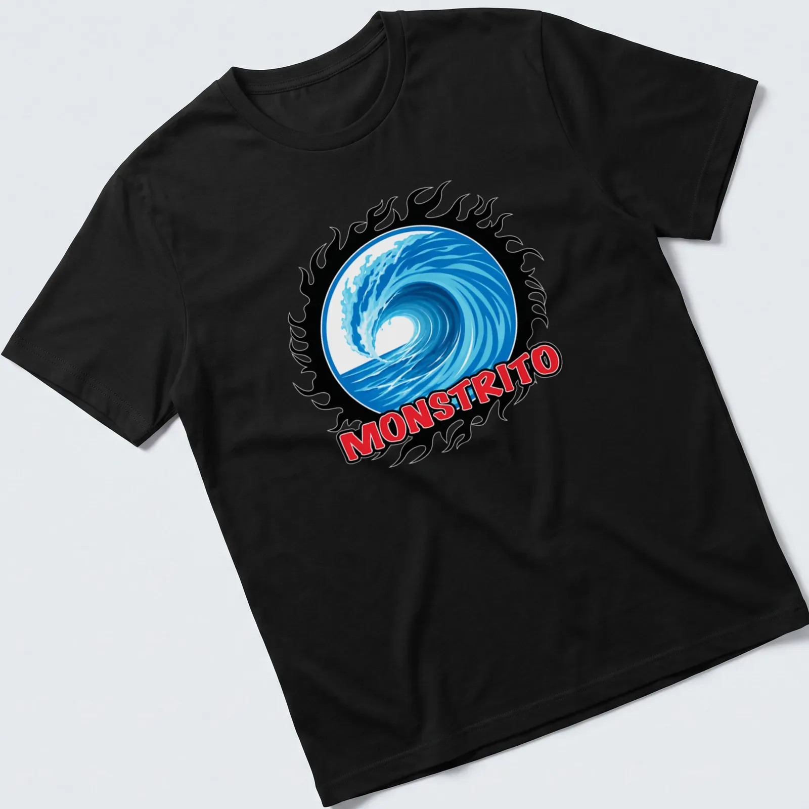 Vibrant graphic t-shirt featuring the word MONSTRITO with a wave design — printed on a unisex t-shirt