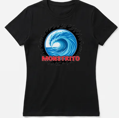 Vibrant graphic t-shirt featuring the word MONSTRITO with a wave design — printed on a women's shirt