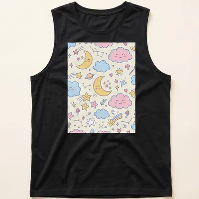 Kawaii line-art T-shirt featuring smiling moons, clouds, stars, hearts, and mushrooms — printed on a tank top