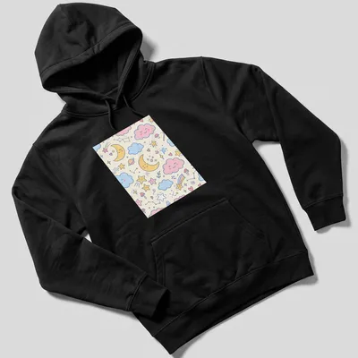 Kawaii line-art T-shirt featuring smiling moons, clouds, stars, hearts, and mushrooms — printed on a unisex hoodie