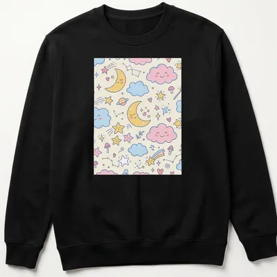 Kawaii line-art T-shirt featuring smiling moons, clouds, stars, hearts, and mushrooms — printed on a unisex sweatshirt
