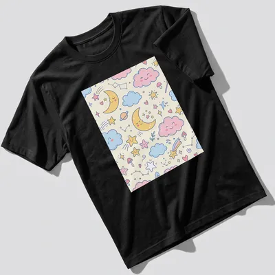 Kawaii line-art T-shirt featuring smiling moons, clouds, stars, hearts, and mushrooms — printed on a unisex t-shirt