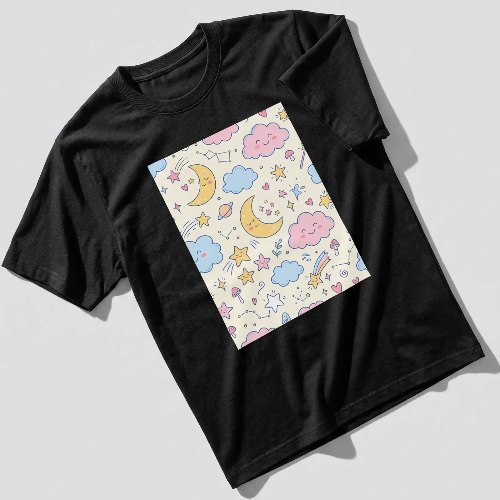 Kawaii line-art T-shirt featuring smiling moons, clouds, stars, hearts, and mushrooms — printed on a unisex t-shirt