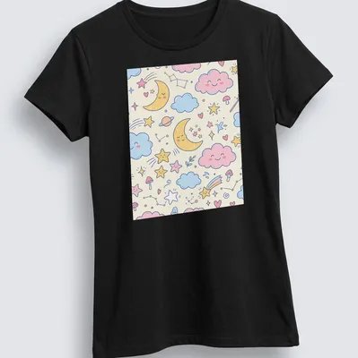 Kawaii line-art T-shirt featuring smiling moons, clouds, stars, hearts, and mushrooms — printed on a women's shirt