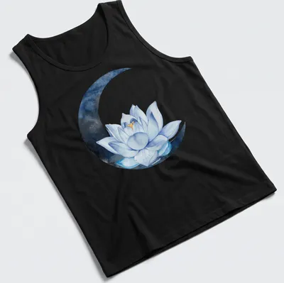 Watercolor design of a lotus flower with the text 'Moon Lotus Flower' in blue, white, and black — printed on a tank top