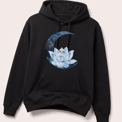 Watercolor design of a lotus flower with the text 'Moon Lotus Flower' in blue, white, and black — printed on a unisex hoodie