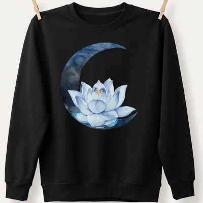 Watercolor design of a lotus flower with the text 'Moon Lotus Flower' in blue, white, and black — printed on a unisex sweatshirt