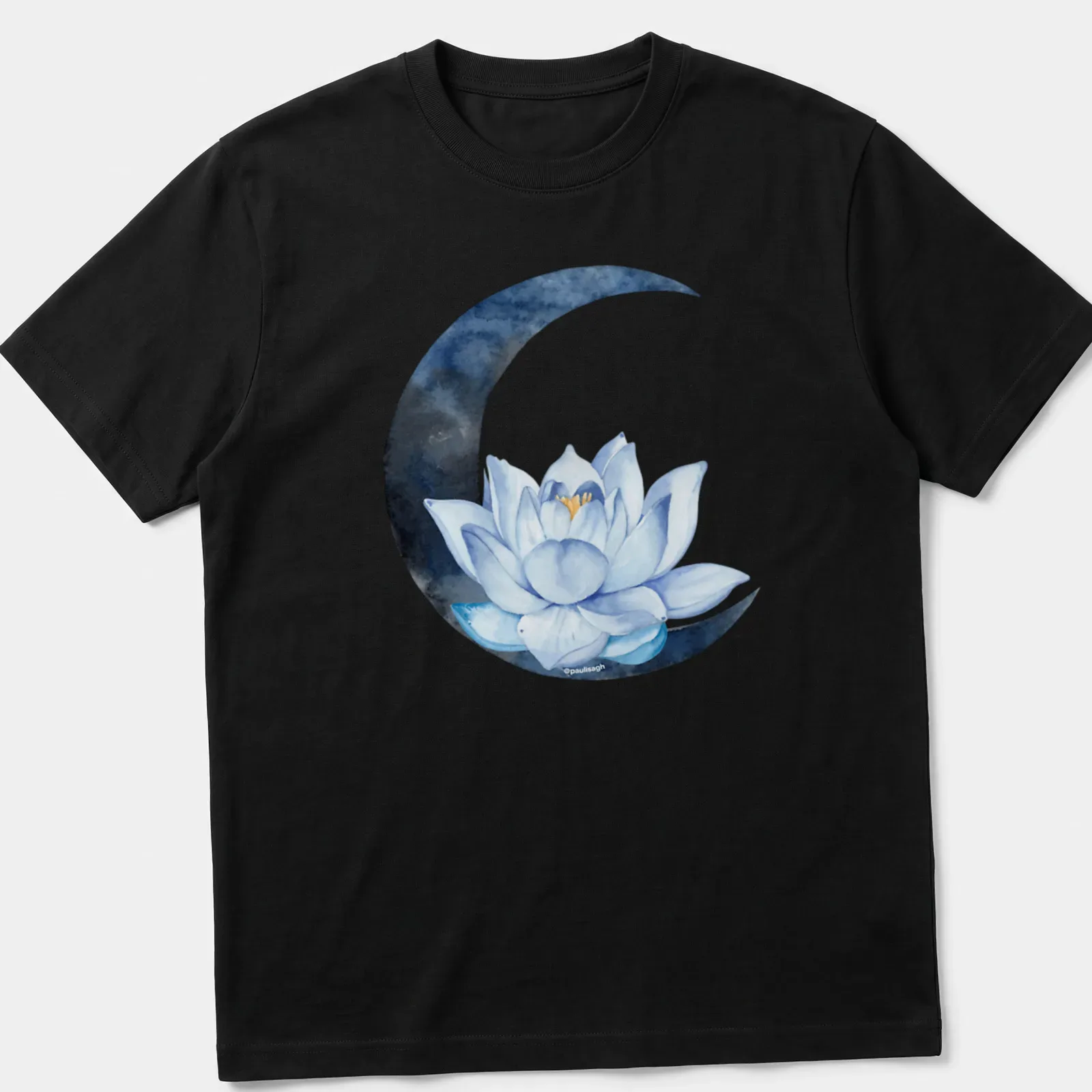 Watercolor design of a lotus flower with the text 'Moon Lotus Flower' in blue, white, and black — printed on a unisex t-shirt