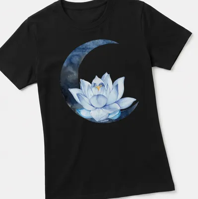 Watercolor design of a lotus flower with the text 'Moon Lotus Flower' in blue, white, and black — printed on a women's shirt
