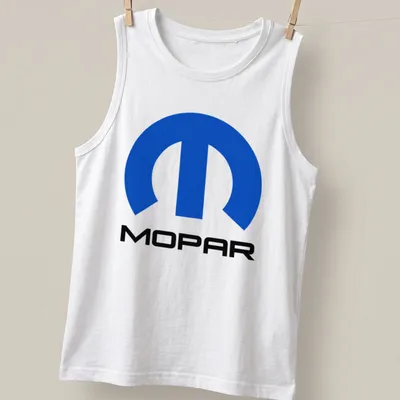 MOPAR logo in modern typography with blue, black, and white colors — printed on a tank top