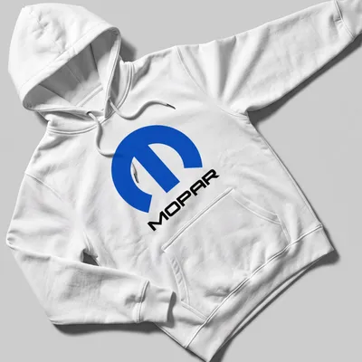 MOPAR logo in modern typography with blue, black, and white colors — printed on a unisex hoodie