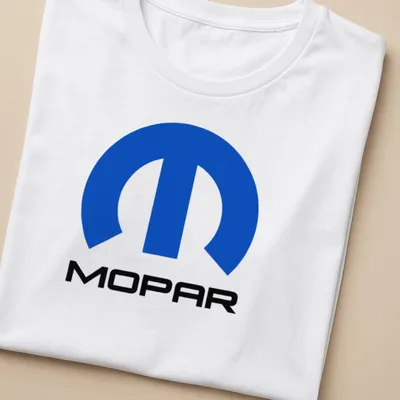 MOPAR logo in modern typography with blue, black, and white colors — printed on a women's shirt