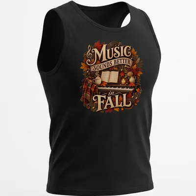Vintage warm T-shirt featuring a piano with autumn elements and text about music — printed on a tank top