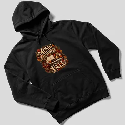 Vintage warm T-shirt featuring a piano with autumn elements and text about music — printed on a unisex hoodie