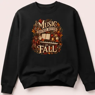 Vintage warm T-shirt featuring a piano with autumn elements and text about music — printed on a unisex sweatshirt