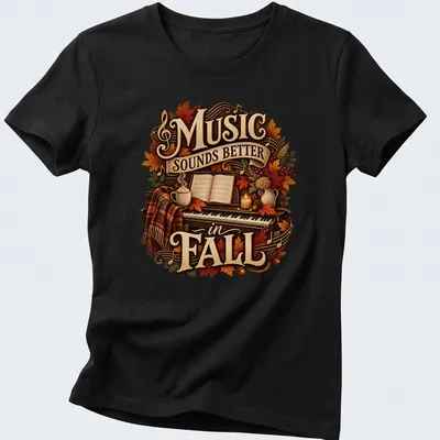 Vintage warm T-shirt featuring a piano with autumn elements and text about music — printed on a women's shirt