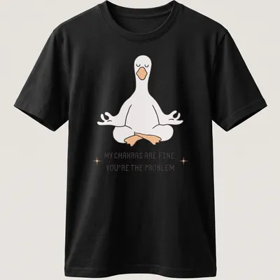 Kawaii line-art of a meditating goose with the phrase about chakras above it.